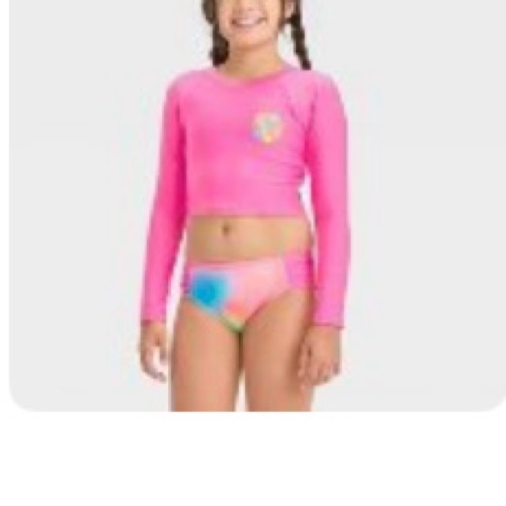 3 piece Girls rashguard swimsuit. Rashguard top, bikini top, bikini bottom.